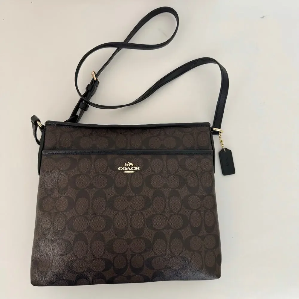 Coach File Crossbody Messenger Bag Signature Coated Canvas in Brown Black F34823